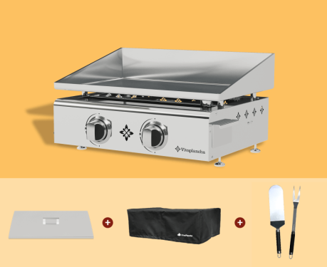 Plancha grill 2 burners - Stainless steel + Lid + Accessories