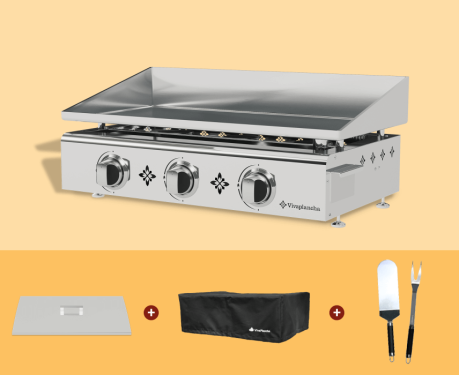 Plancha grill 3 burners - Stainless steel + Lid + Accessories