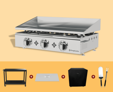 Plancha grill 3 burners - Stainless steel + Trolley + Lid + Accessories