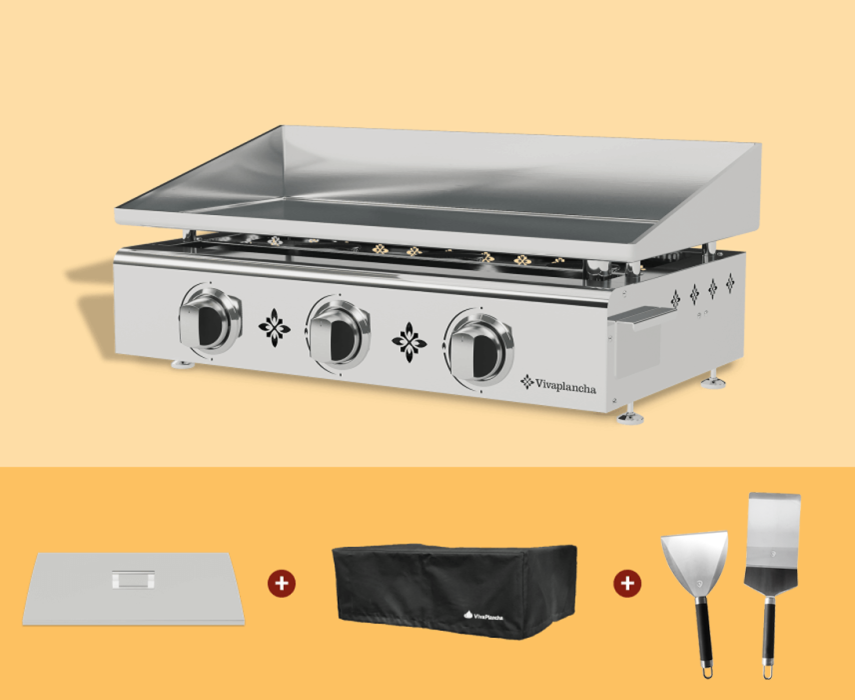 Plancha grill 3 burners - Stainless steel + Lid + Accessories