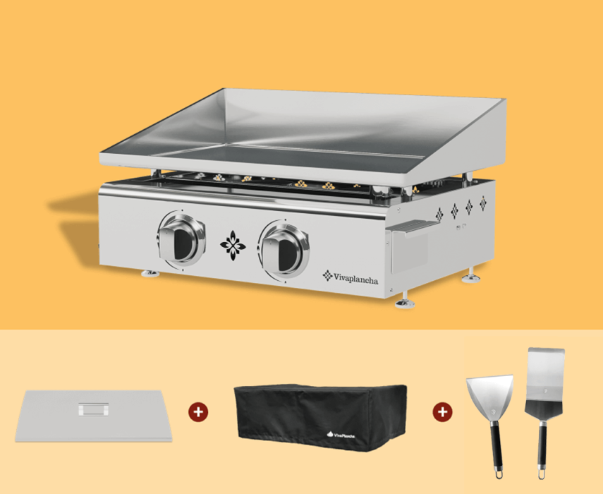 Plancha grill 2 burners - Stainless steel + Lid + Accessories
