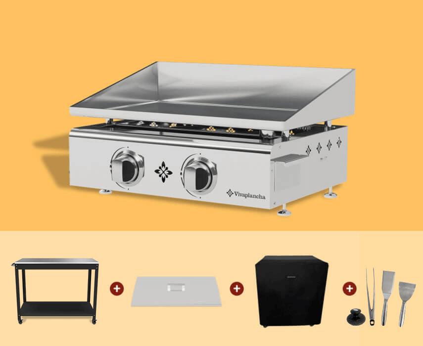 Pack Plancha gaz inox 2 feux + Chariot + Couvercle + Accessoires