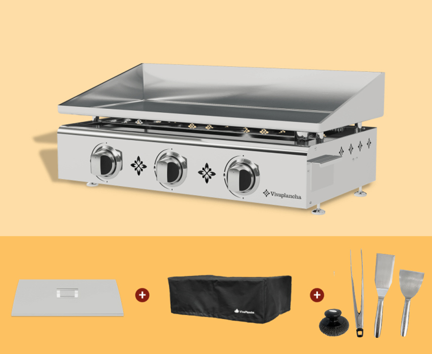 Pack Plancha gaz inox 3 feux + Couvercle + Accessoires
