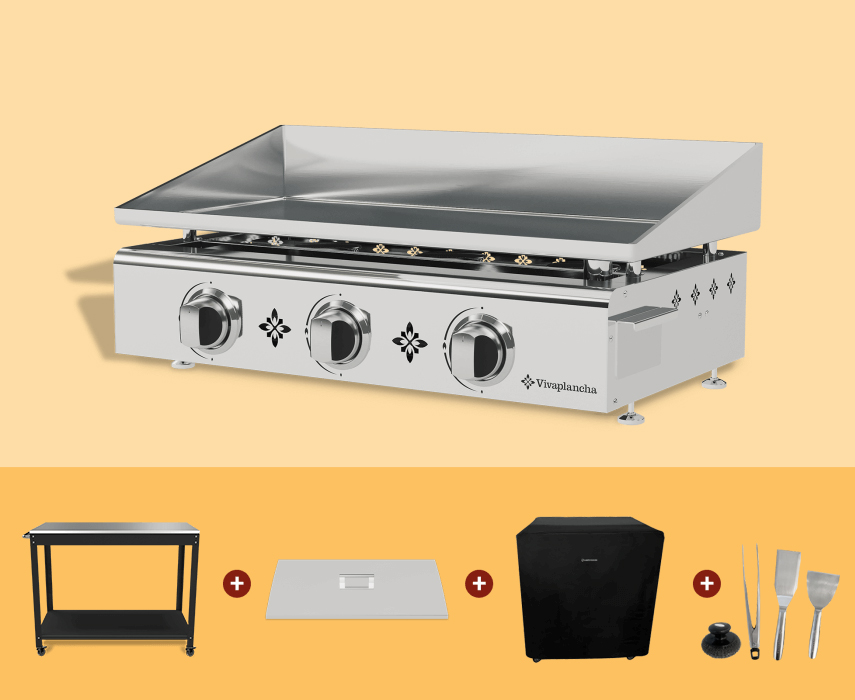 Pack Plancha gaz inox 3 feux + Chariot + Couvercle + Accessoires