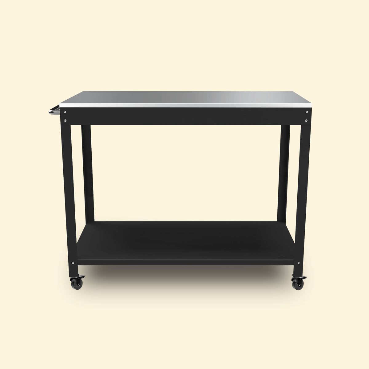 Desserte Goya 100 en métal noir avec plateau inox, équipée de roulettes et d’une étagère inférieure, présentée sur fond uni.