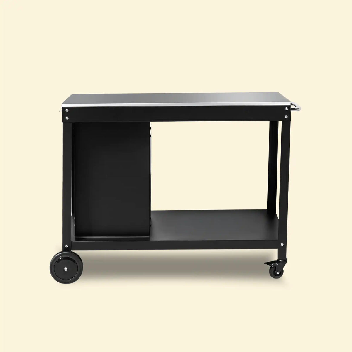 Desserte Oliva noire avec cache-bouteille de gaz intégré, plateau en inox et étagère basse, sur fond beige. ::visuel:aveccache