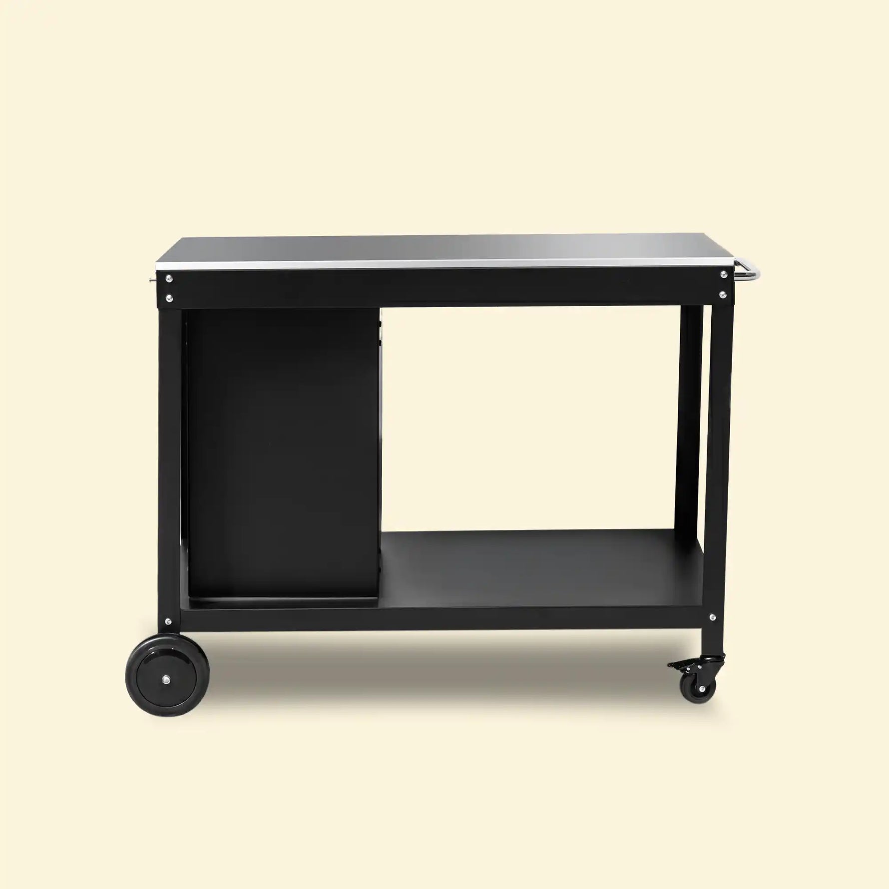 Desserte Oliva noire avec cache-bouteille de gaz intégré, plateau en inox et étagère basse, sur fond beige. ::visuel:aveccache