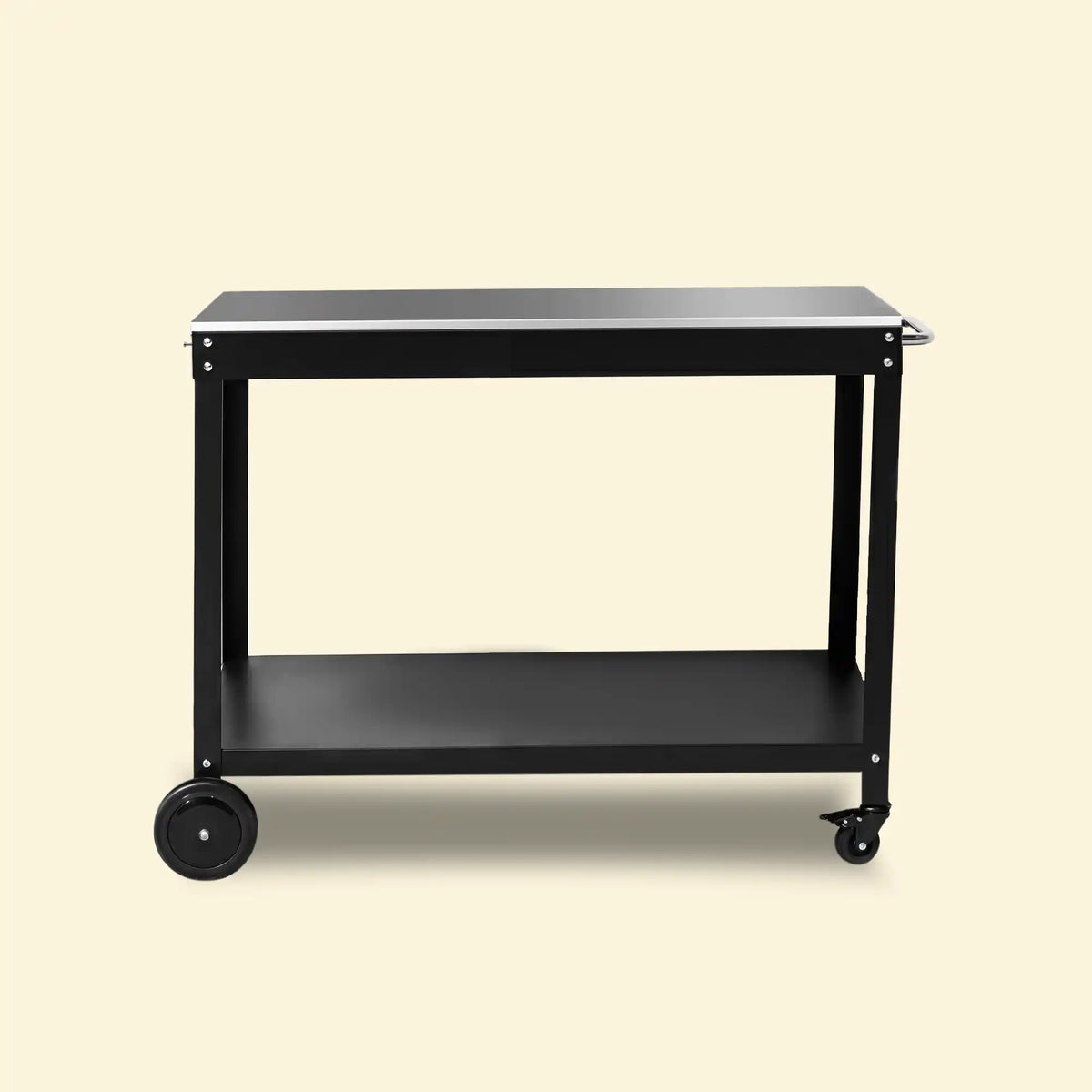 Desserte Oliva noire pour plancha Vivaplancha, plateau en inox et étagère basse ouverte, sur fond beige. ::visuel:sanscache