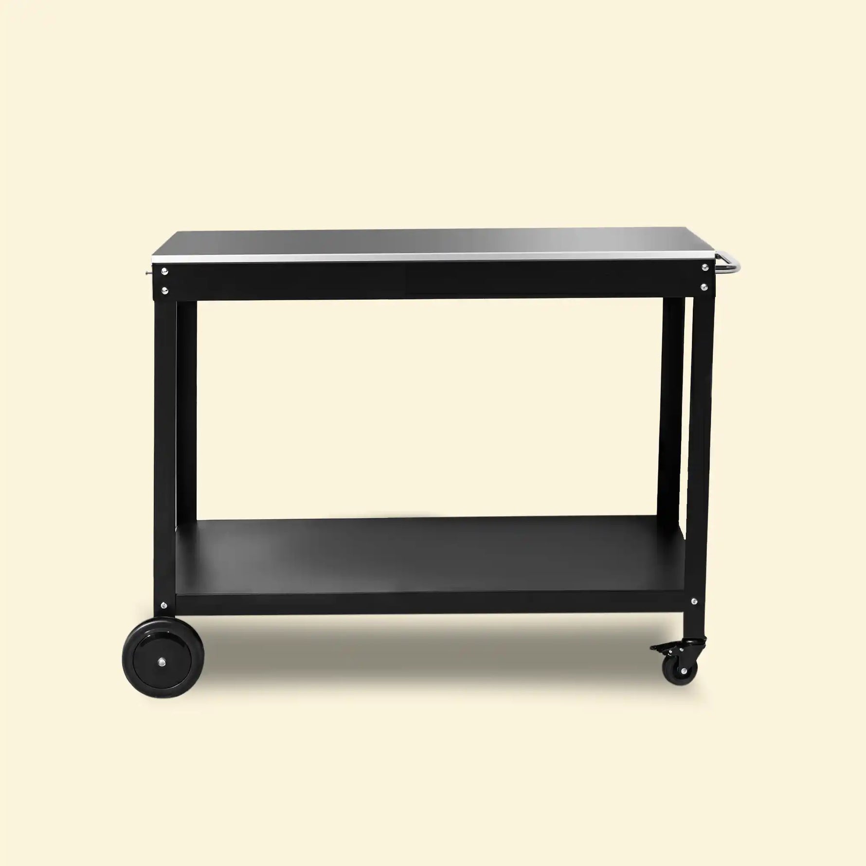 Desserte Oliva noire pour plancha Vivaplancha, plateau en inox et étagère basse ouverte, sur fond beige. ::visuel:sanscache