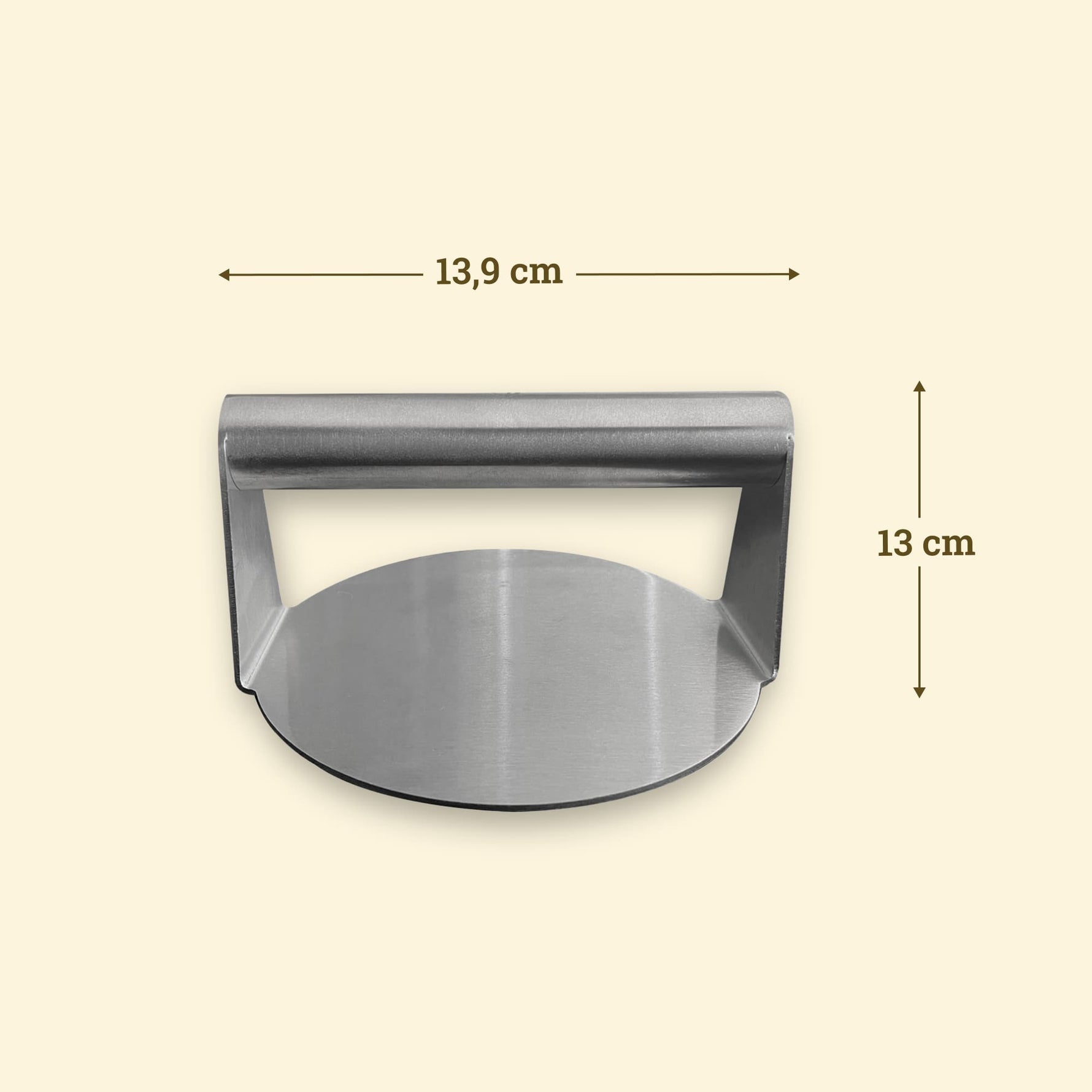 Presse à smash burger en inox de 13,9 cm de largeur et 13 cm de hauteur, avec poignée tubulaire solide.