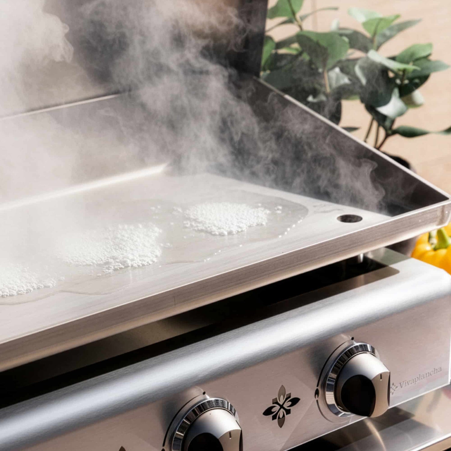 Entretien de la plaque de plancha Vivaplancha à l’eau chaude, élimination des résidus après cuisson