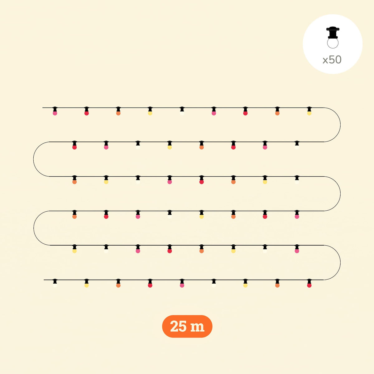 Guirlande lumineuse d’extérieur de 25 mètres avec 50 ampoules colorées type Sunset, disposées sur un câble noir, idéale pour une ambiance festive et chaleureuse en terrasse ou au jardin.