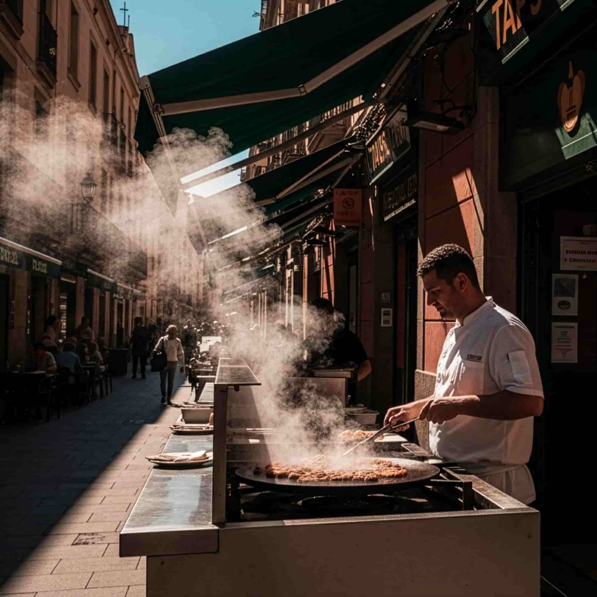 Scène de cuisine de rue avec un chef cuisinant sur une plancha professionnelle en extérieur, au cœur d’une rue animée bordée de restaurants et de terrasses.