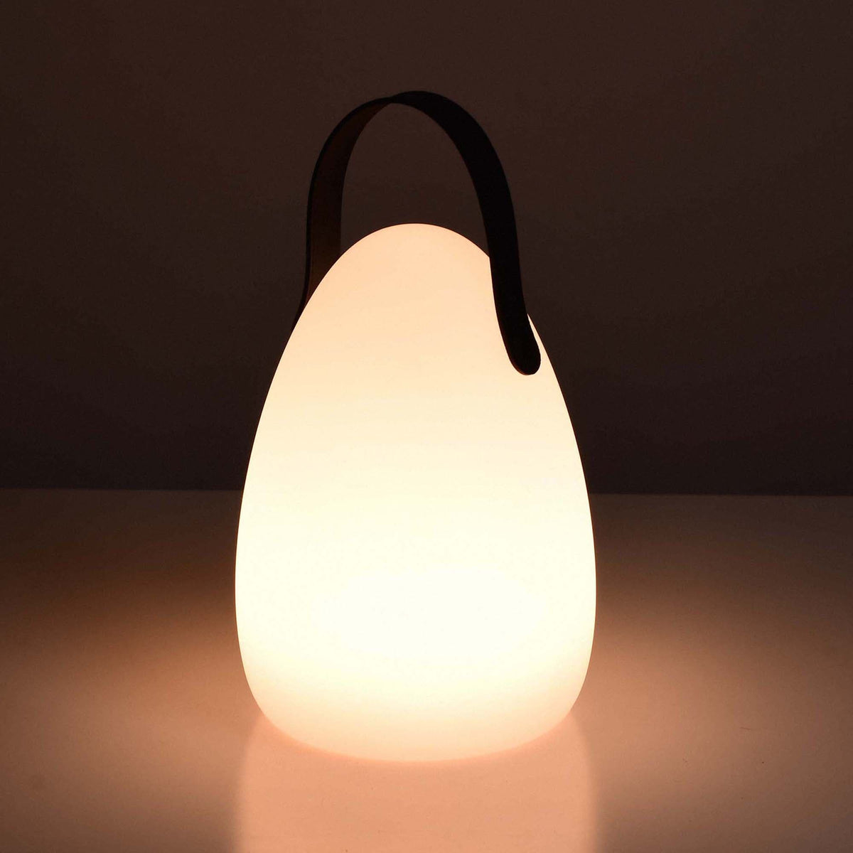 Lampe solaire d’extérieur en forme d’œuf, allumée et diffusant une lumière chaude et apaisante, avec anse noire arrondie.