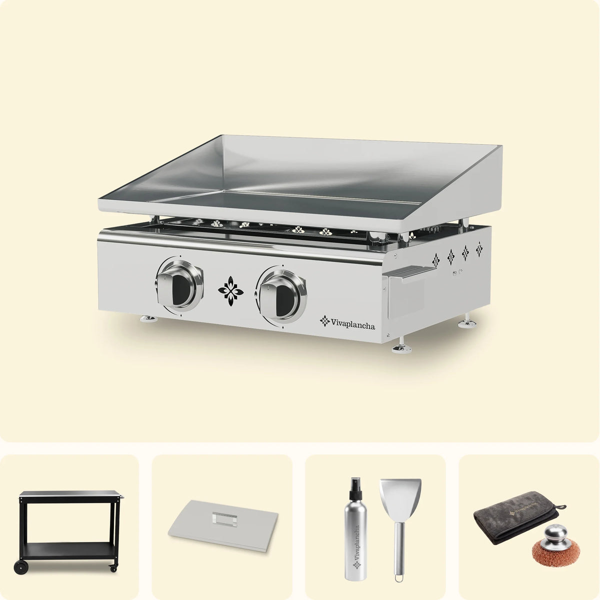 Plancha Vivaplancha 2 feux en inox avec rebords releveurs et boutons de réglage, accompagnée de ses accessoires : desserte, couvercle de protection, spray nettoyant avec spatule, et housse de protection avec galet de nettoyage.
::visuel:sansportes