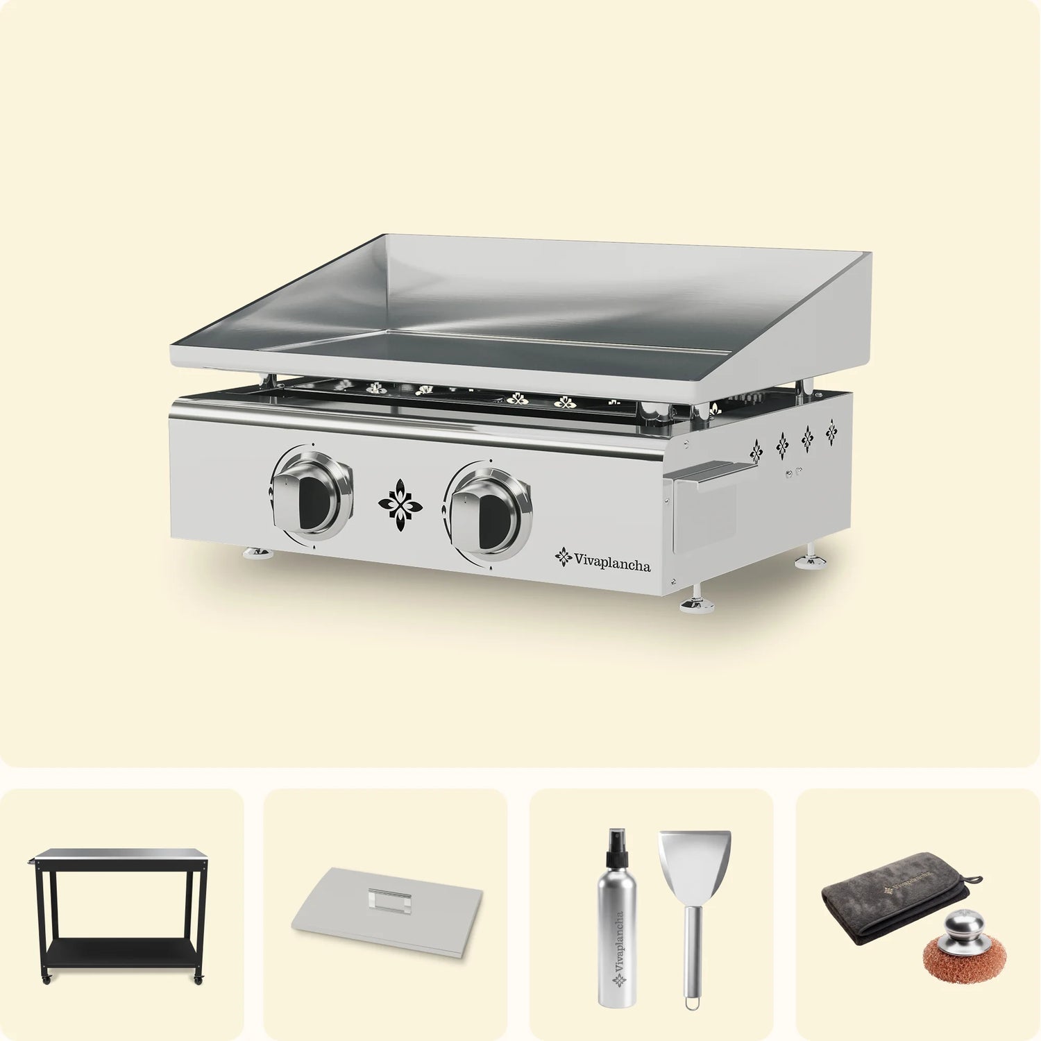 Pack Plancha gaz inox FLAMENCO 2 brûleurs + Couvercle + Accessoires + Chariot