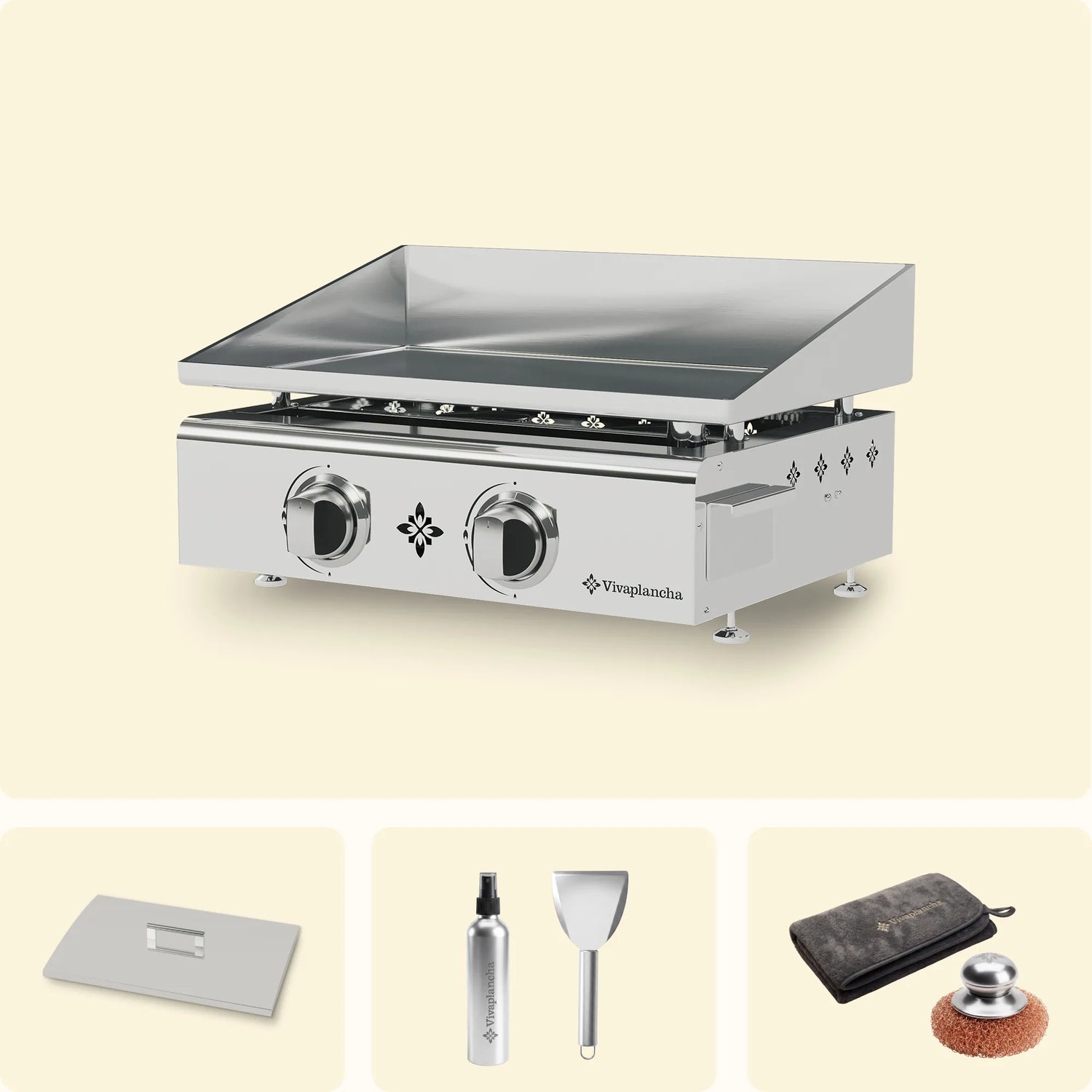 Pack Plancha gaz inox FLAMENCO 2 brûleurs + Couvercle + Accessoires