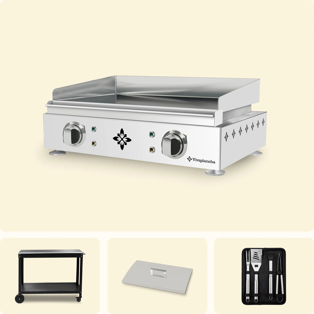 Plancha électrique Lima Vivaplancha en inox avec rebords releveurs et boutons de réglage, accompagnée de ses accessoires : desserte, couvercle de protection et coffret d'ustensiles.
::visuel:sansportes