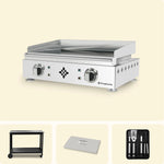 Plancha électrique Lima Vivaplancha en inox avec rebords releveurs et boutons de réglage, accompagnée de ses accessoires : desserte, couvercle de protection et coffret d'ustensiles.
::visuel:sansportes