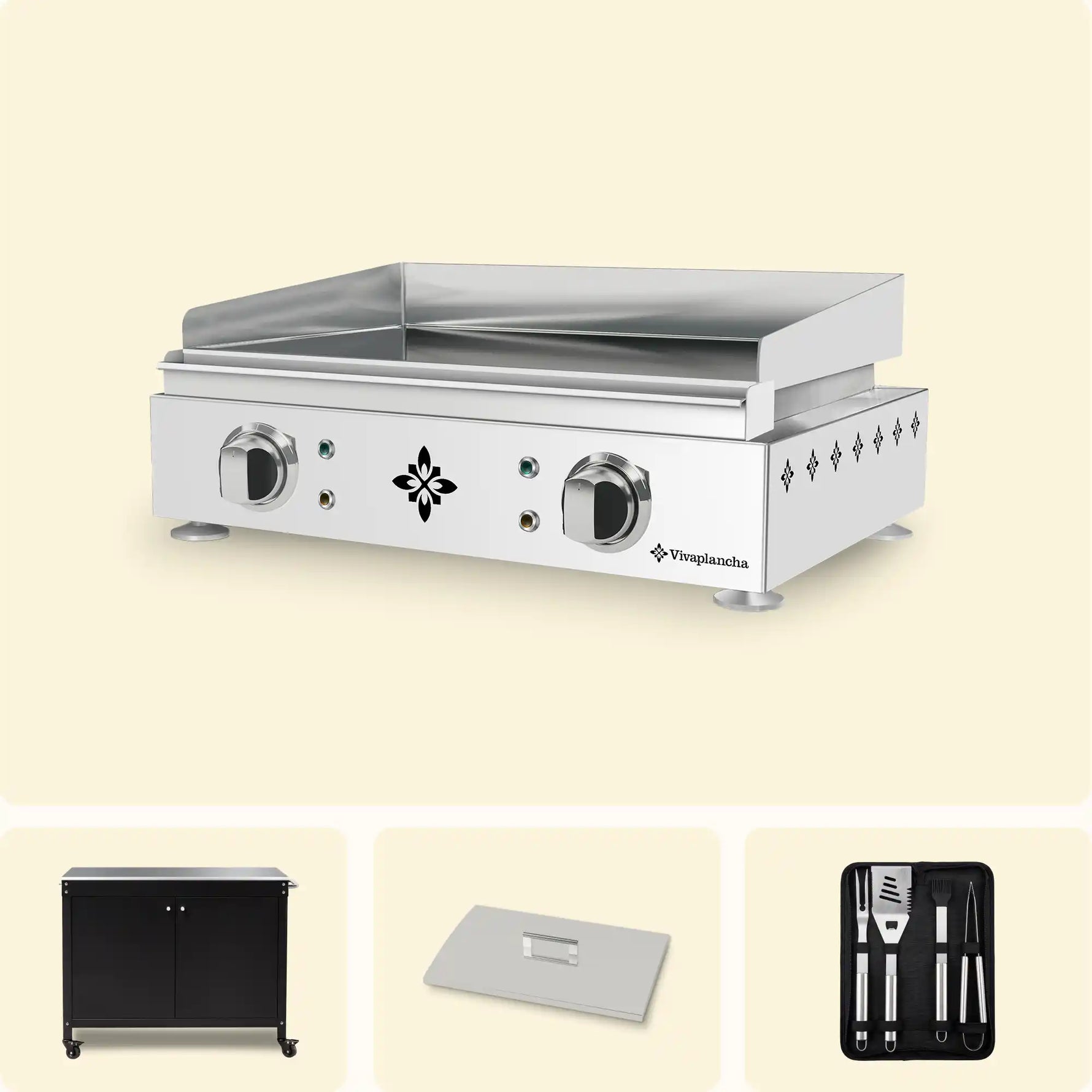 Pack plancha Vivaplancha Lima avec chariot avec cache bouteille, couvercle de protection et set de couverts.
::visuel:avecportes