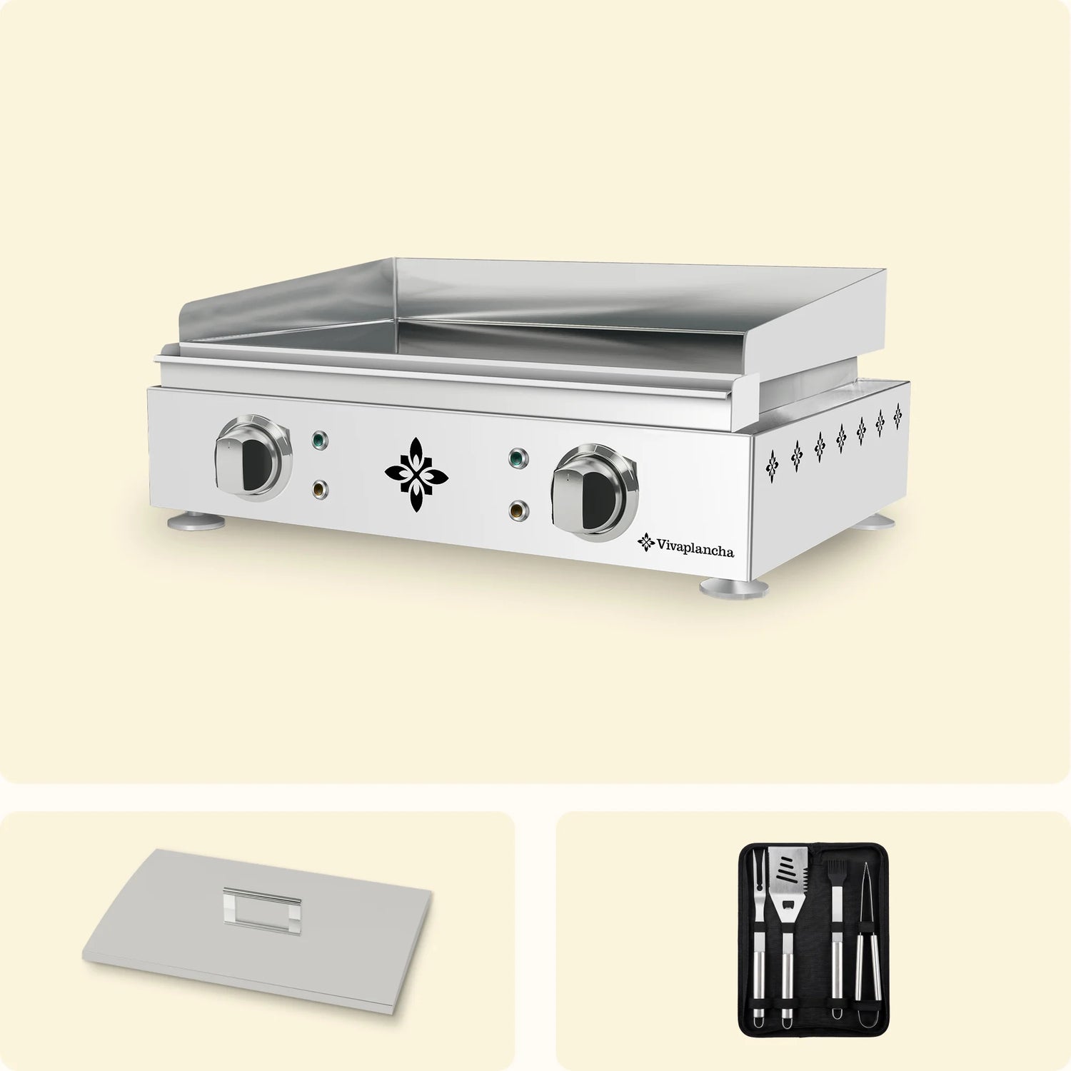 Plancha gaz inox 2 brûleurs vivaplancha avec crédence, présentée avec couvercle inox et kit d’ustensiles.