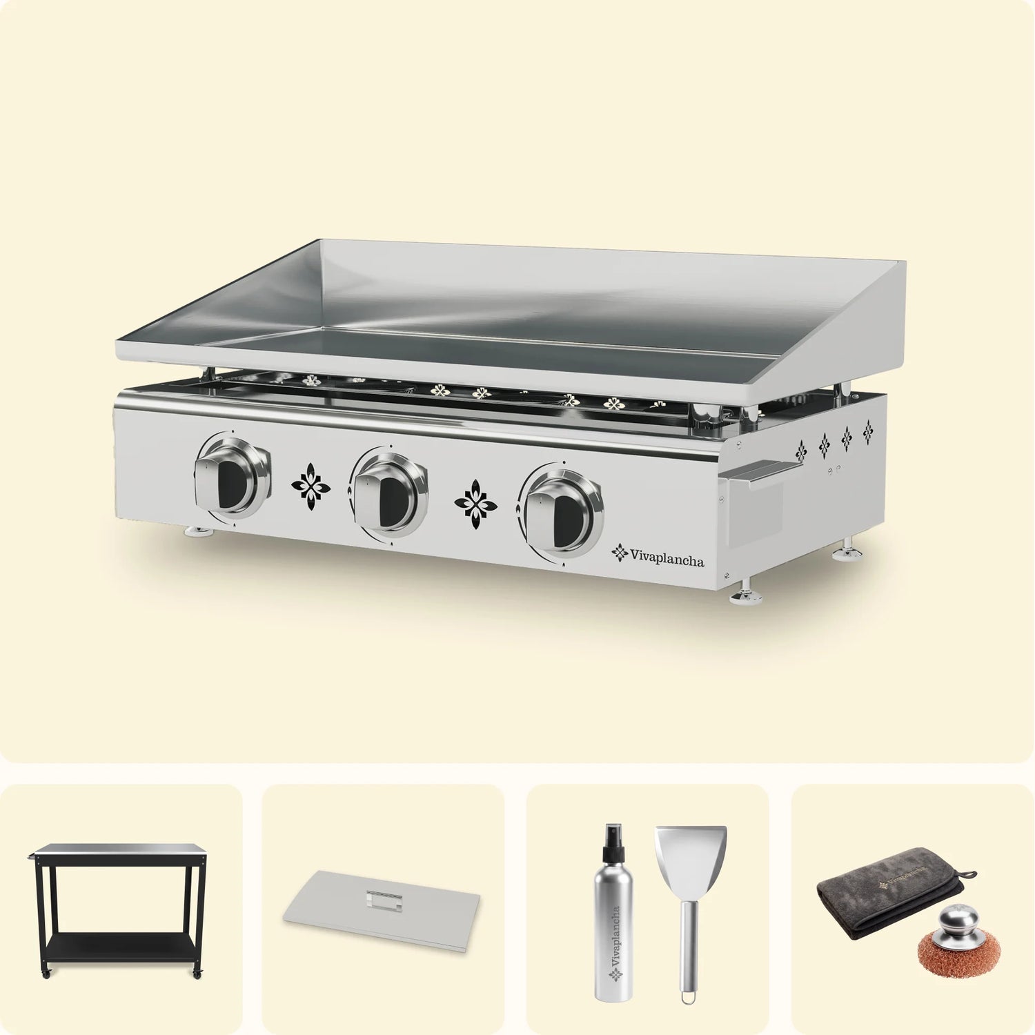 Pack Plancha gaz inox PIMIENTOS 3 brûleurs + Couvercle + Accessoires + Chariot