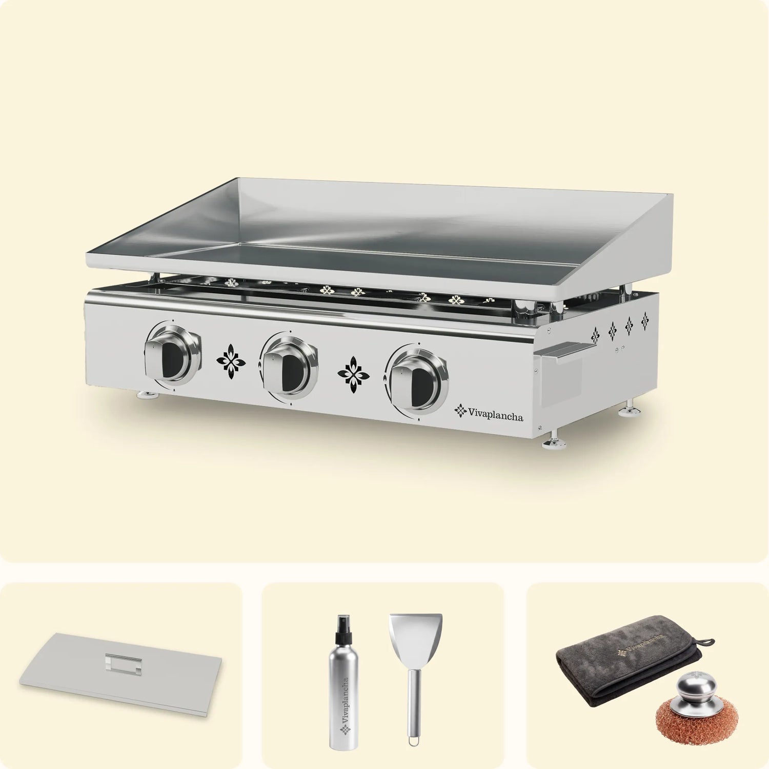 Pack Plancha gaz inox PIMIENTOS 3 brûleurs + Couvercle + Accessoires