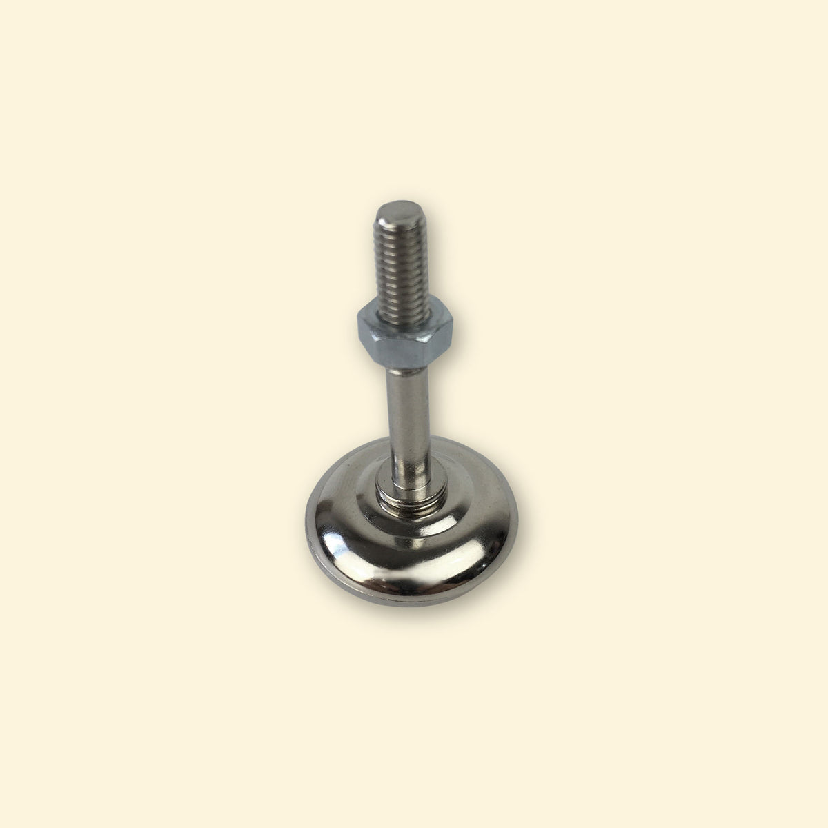 Pied réglable en acier inoxydable pour plancha gaz Vivaplancha, avec base ronde et tige filetée, présenté sur fond beige.