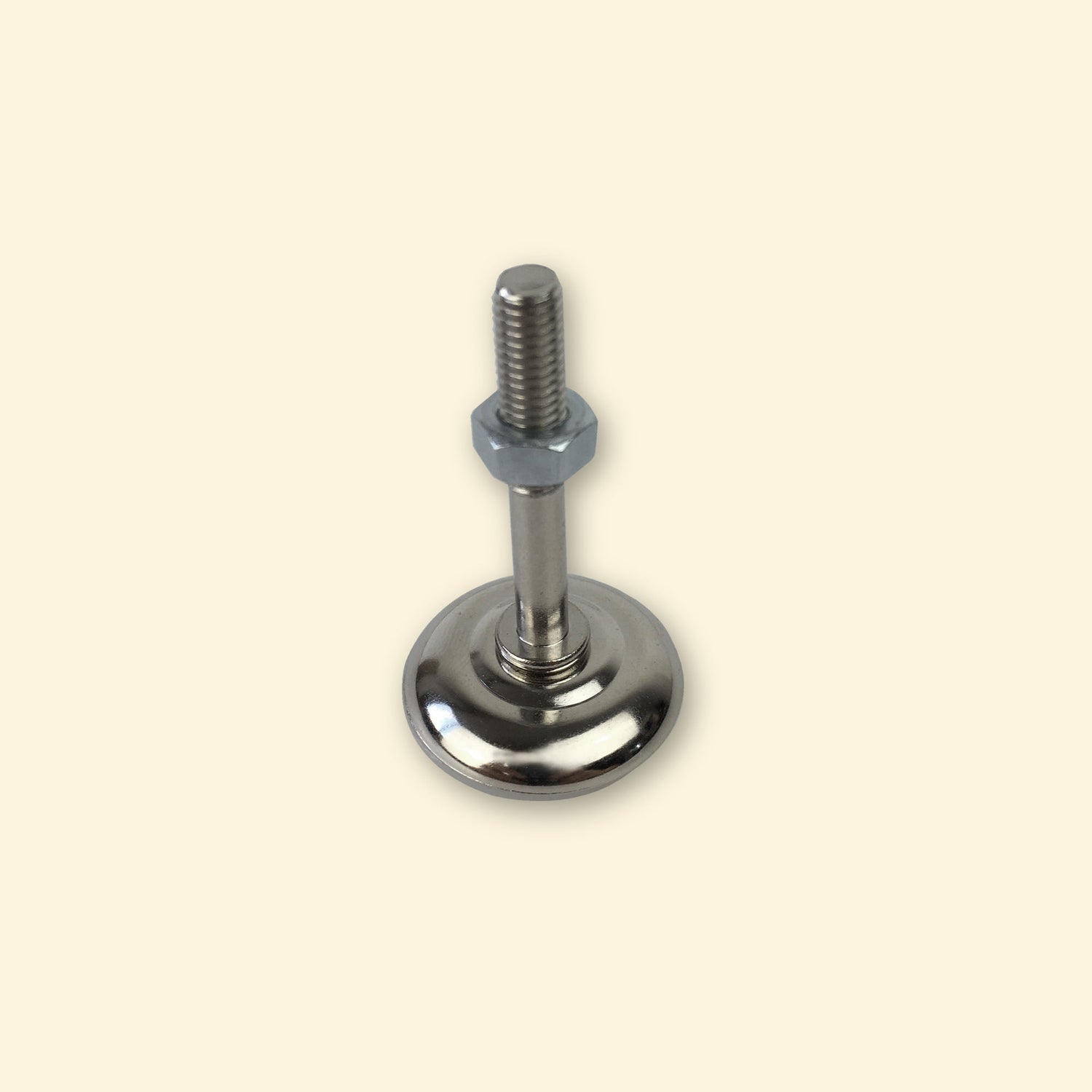 Pied réglable en acier inoxydable pour plancha gaz Vivaplancha, avec base ronde et tige filetée, présenté sur fond beige.