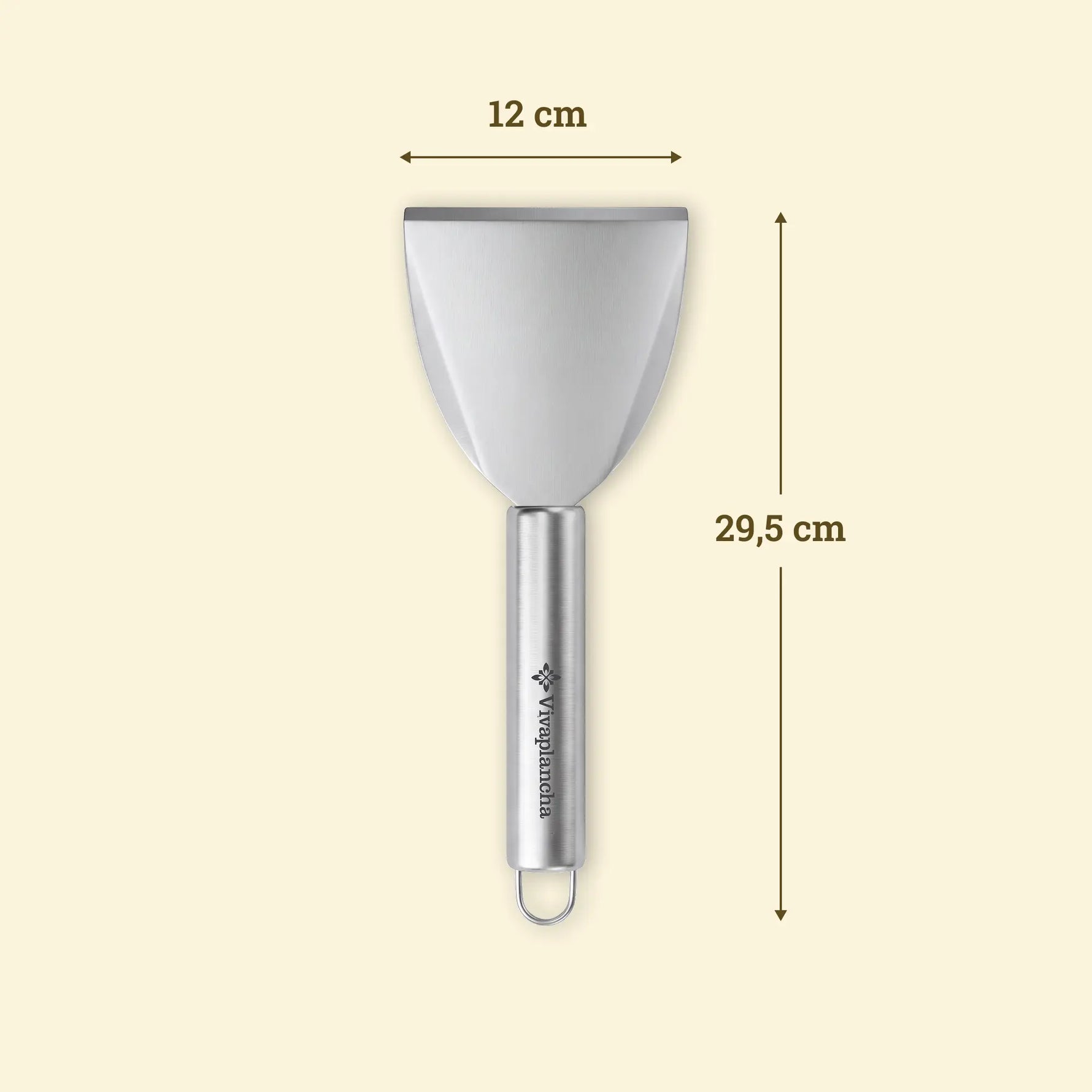 Spatule d'entretien en inox Vivaplancha avec dimensions de l'ustensile.