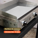 Gros plan sur une plancha Vivaplancha avec plaque de cuisson en chrome dur 6 mm, boutons de réglage en façade et mention “surface de cuisson chrome dur : 6 mm” intégrée à l’image.